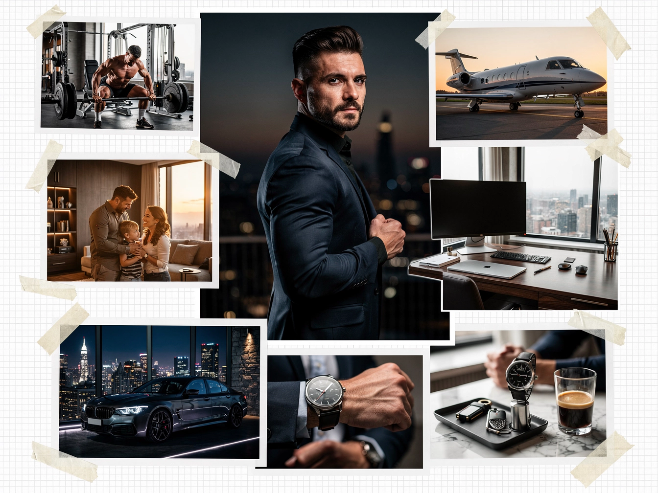 Men's vision board collage with career success, fitness, luxury travel, financial freedom, and family aspirations