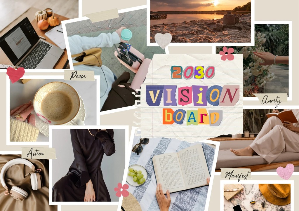 Vision board collage with 2030 goals, lifestyle, travel, and manifestation inspiration
