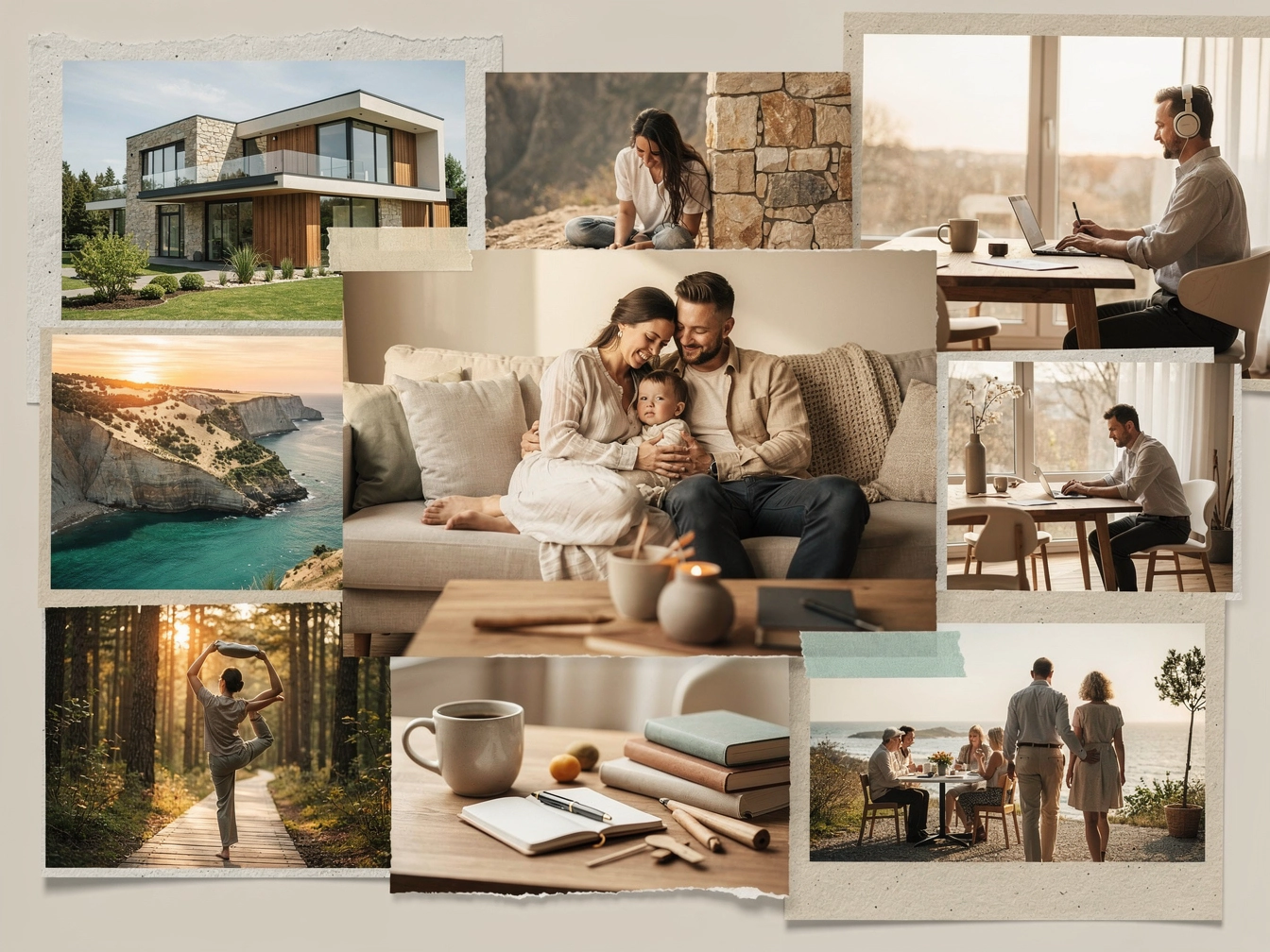 Vision board collage with family legacy, dream home, travel, entrepreneurship, and peaceful lifestyle goals